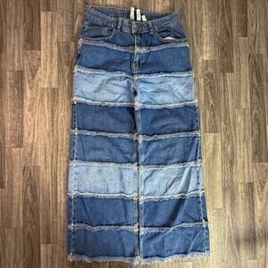 Ragged Jeans Patchwork Denim Maxi Skirt Size 30 Blue Two Tone Frayed Panels